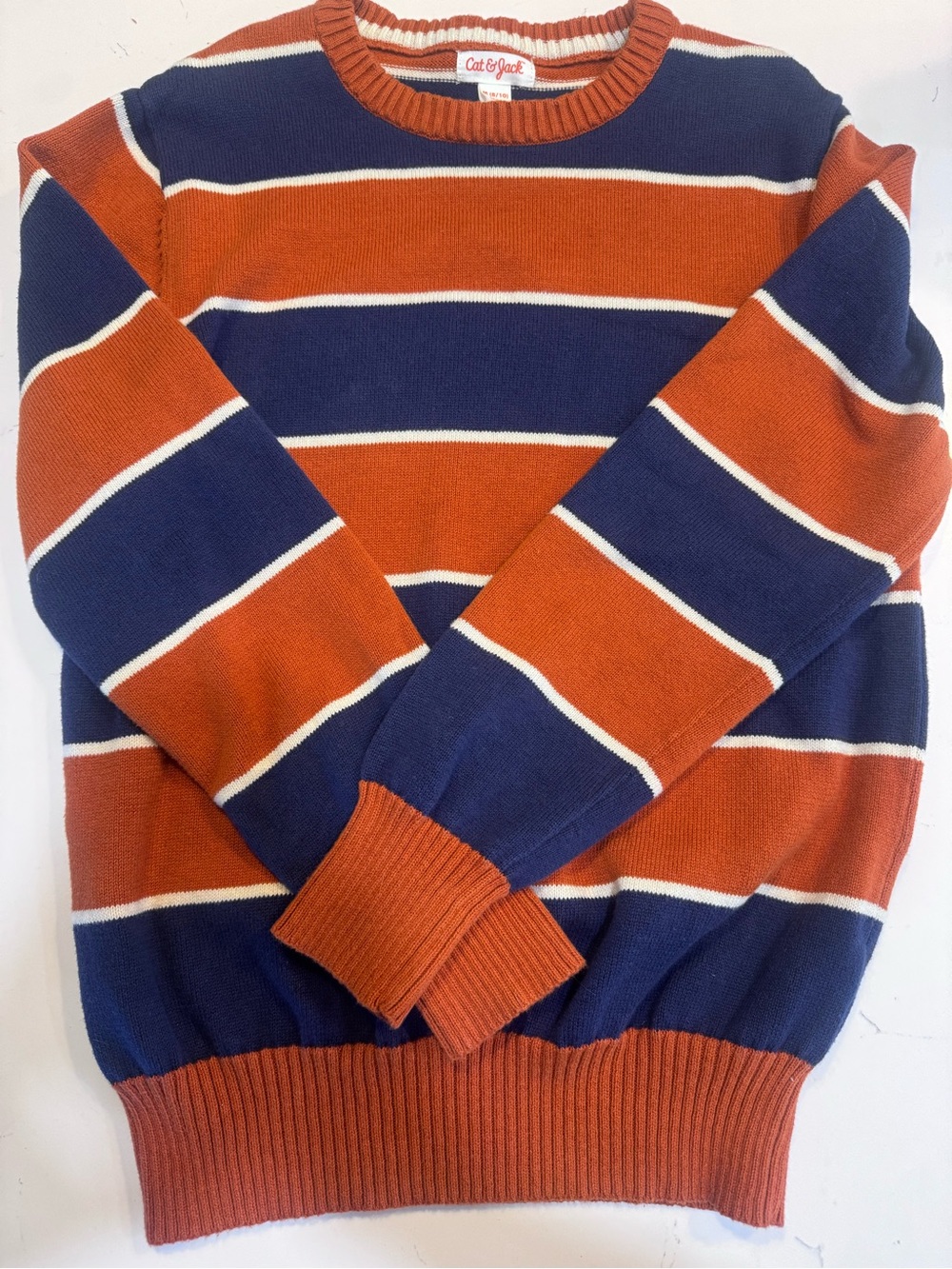 Cat & Jack Men's Striped Crewneck Sweater - Navy & Rust & White